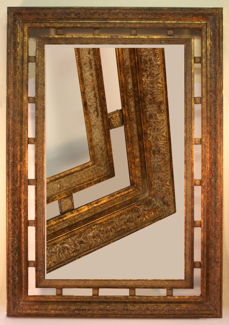 Bronzos spalvos, kvadratinių išpjovų rašto rėmas su rėmo kampo pavyzdžiu viduje (kodas P8553FUG, 60 × 100 cm)