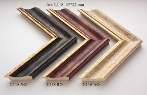 Rėmelio profilis L118 (NO RO AO): natūralios medienos, rudas ir tamsiai pilkas, plotis 47 mm, 3 spalvų variantai